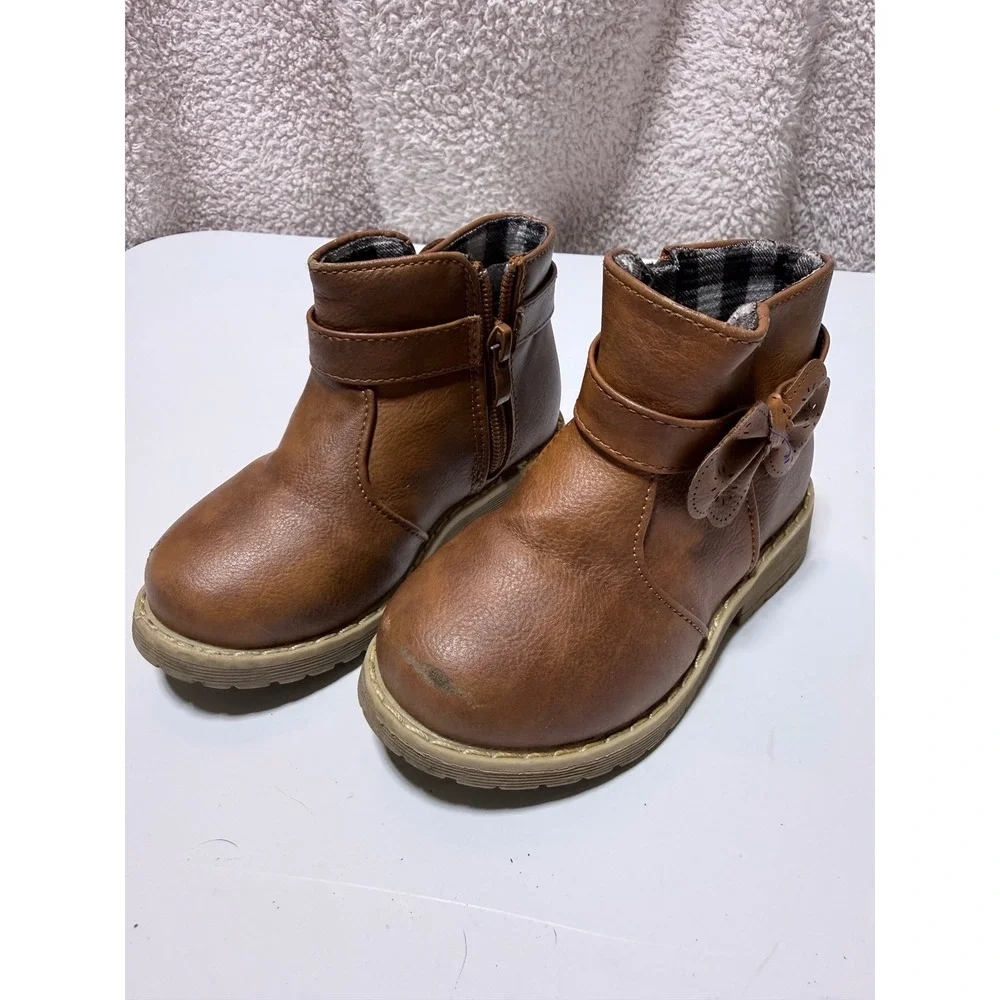 Toddler Girls Brown Faux Leather Ankle Boots with Side Bow Plaid Lining Size 8